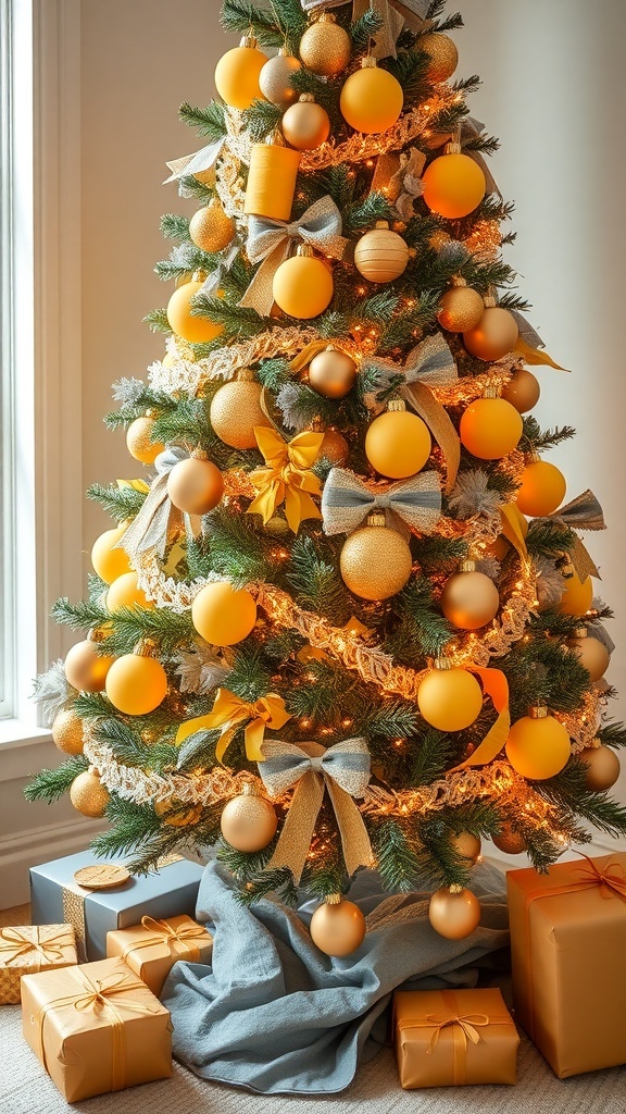 Yellow and Gray Christmas Tree Decoration Ideas A modern Christmas tree decorated with yellow and gray ornaments, ribbons, and lights, with gifts underneath.